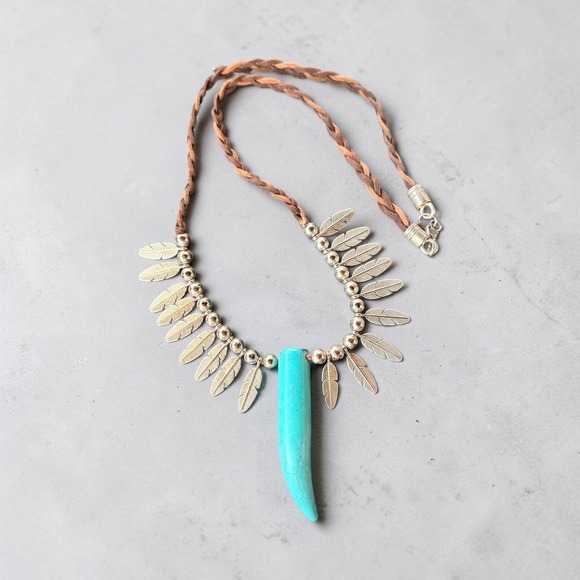 Jewelry - #J2 Turquoise Tribal Feather Claw Leather Rope Necklace Feathers Native American